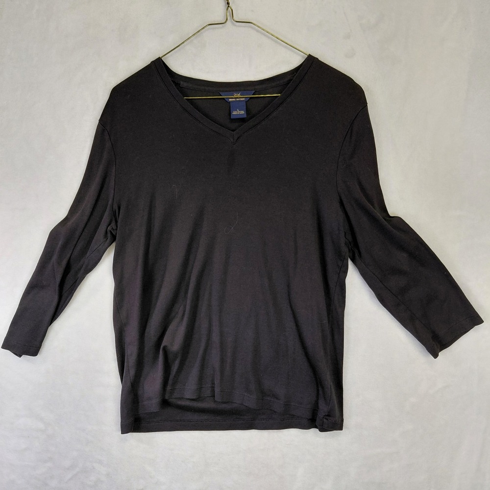 Brooks Brothers 346 Womens Black V-Neck 3/4 Sleeve 100% Cotton Top Size L
